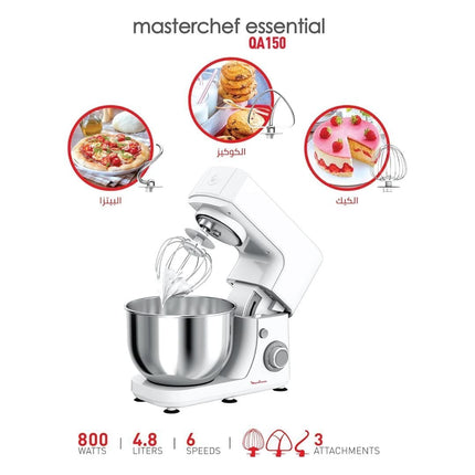 MOULINEX Masterchef Essential Πολυμίξερ Κουζίνας 800W με Μεγάλο Μπολ 4.8L, 6 Ταχύτητες, Ανάμειξη Πλανητικής Κίνησης & Μεταλλικά Αξεσουάρ Ζαχαροπλαστικής QA150110