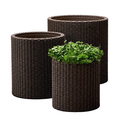 KETER Σετ 3 Κυλινδρικές Γλάστρες Rattan σε 3 Μεγέθη S/M/L με Αποστράγγιση 612075 Καφέ