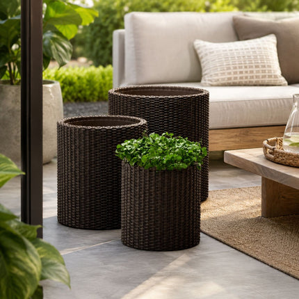 KETER Σετ 3 Κυλινδρικές Γλάστρες Rattan σε 3 Μεγέθη S/M/L με Αποστράγγιση 612075 Καφέ