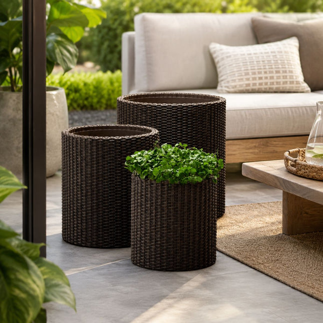 KETER Σετ 3 Κυλινδρικές Γλάστρες Rattan σε 3 Μεγέθη S/M/L με Αποστράγγιση 612075 Καφέ