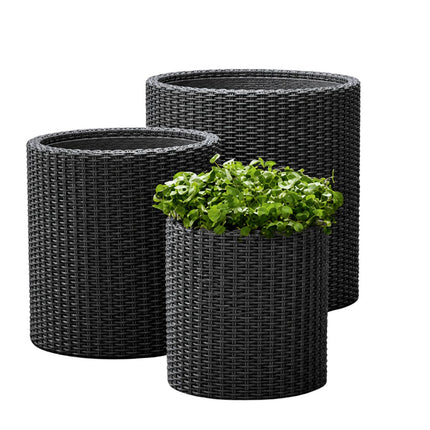 KETER Σετ 3 Κυλινδρικές Γλάστρες Rattan σε 3 Μεγέθη S/M/L με Αποστράγγιση 612076 Ανθρακί