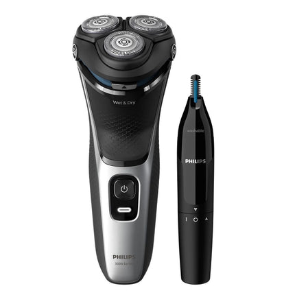 PHILIPS Series 3000 Επαναφορτιζόμενη Περιστρεφόμενη Ξυριστική Μηχανή Προσώπου με Τρίμερ για Μύτη & Αυτιά, 5D Pivot & Flex Κεφαλές, PowerCut Λεπίδες, Αδιάβροχη & έως 60 Λεπτά Λειτουργίας S3143/02