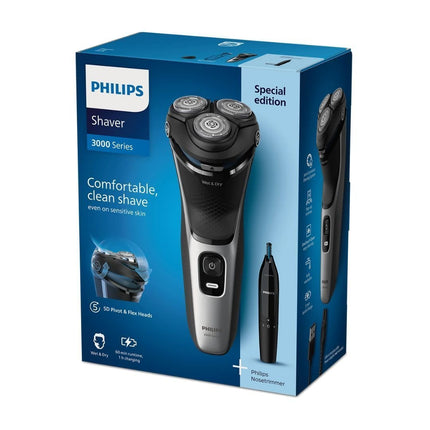 PHILIPS Series 3000 Επαναφορτιζόμενη Περιστρεφόμενη Ξυριστική Μηχανή Προσώπου με Τρίμερ για Μύτη & Αυτιά, 5D Pivot & Flex Κεφαλές, PowerCut Λεπίδες, Αδιάβροχη & έως 60 Λεπτά Λειτουργίας S3143/02