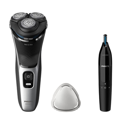 PHILIPS Series 3000 Επαναφορτιζόμενη Περιστρεφόμενη Ξυριστική Μηχανή Προσώπου με Τρίμερ για Μύτη & Αυτιά, 5D Pivot & Flex Κεφαλές, PowerCut Λεπίδες, Αδιάβροχη & έως 60 Λεπτά Λειτουργίας S3143/02