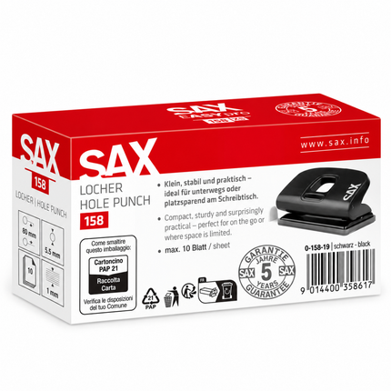 SAX EASYpro 158 Tρυπητήρι Xαρτιού με οδηγό για τακτοποιημένη αρχειοθέτηση 10 Φύλλα S-158/19 Μαύρο