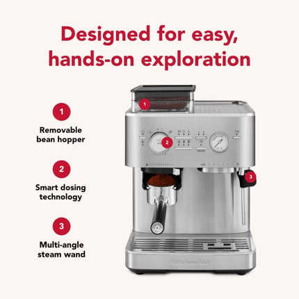 KitchenAid Ημιαυτόματη Μηχανή Espresso 15bar με Μύλο Άλεσης, Δοχείο Κόκκων και 15+7 Ρυθμίσεις 5KES6551BSX Inox