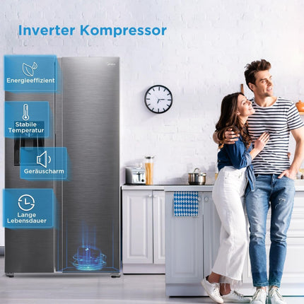 Midea Ψυγείο Side by Side 573L Dual Inverter Total No Frost με Smart+ Cooling, Διανομέα Νερού & Πάγου (Χωρίς Σύνδεση Νερού), Inox MDRS761MYC46