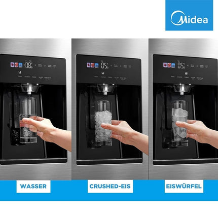 Midea Ψυγείο Side by Side 573L Dual Inverter Total No Frost με Smart+ Cooling, Διανομέα Νερού & Πάγου (Χωρίς Σύνδεση Νερού), Inox MDRS761MYC46