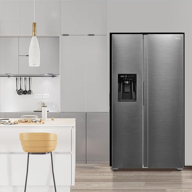 Midea Ψυγείο Side by Side 573L Dual Inverter Total No Frost με Smart+ Cooling, Διανομέα Νερού & Πάγου (Χωρίς Σύνδεση Νερού), MDRS761MYC46 Inox