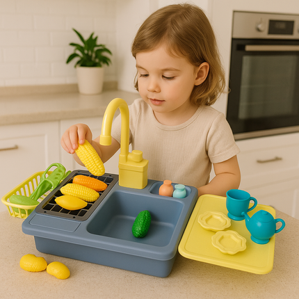 Σετ Παιδικός Ρεαλιστικός Νεροχύτης με Ηλεκτρική Βρύση 180°, Κυκλοφορία Νερού & 18 Αξεσουάρ για Δημιουργικό Παιχνίδι