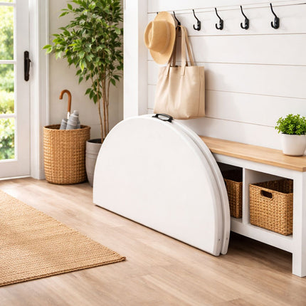 Στρογγυλό Πτυσσόμενο Τραπέζι 120×62 cm από Ανοξείδωτο Χάλυβα με Μεταλλικό Σκελετό & Λαβή Μεταφοράς