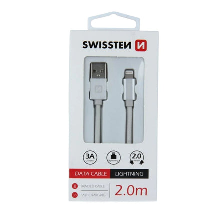 Swissten USB-A σε Lightning Braided Καλώδιο 3A με Μεταλλικούς Συνδέσμους 2m 71523303 Ασημί