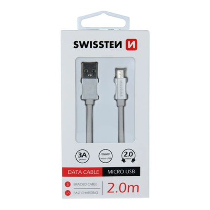 Swissten USB-A σε Micro USB Braided Καλώδιο 3A με Ανοδιωμένους Συνδέσμους 2m Ασημί