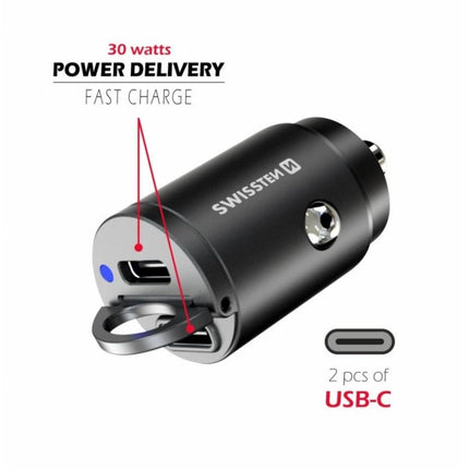 Swissten Nano Φορτιστής Αυτοκινήτου 30W με 2x USB-C & Power Delivery 20111800 Μαύρο