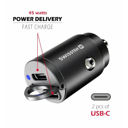 Swissten Nano Φορτιστής Αυτοκινήτου 45W με 2x USB-C & Power Delivery 20111900 Μαύρο