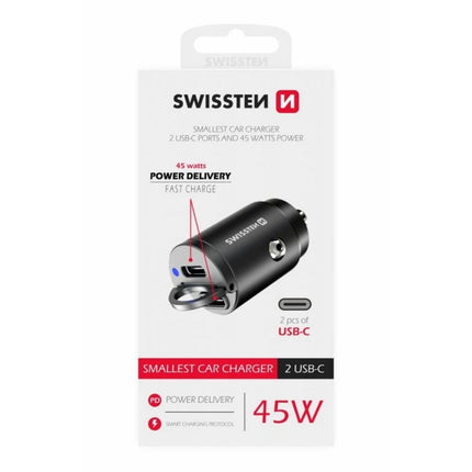 Swissten Nano Φορτιστής Αυτοκινήτου 45W με 2x USB-C & Power Delivery 20111900 Μαύρο
