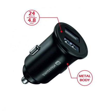 Swissten Μεταλλικός Φορτιστής Αυτοκινήτου 2x USB 4.8A (24W) 20115000 Μαύρο