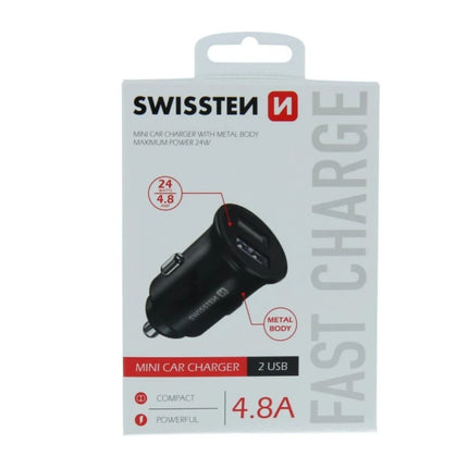 Swissten Μεταλλικός Φορτιστής Αυτοκινήτου 2x USB 4.8A (24W) 20115000 Μαύρο