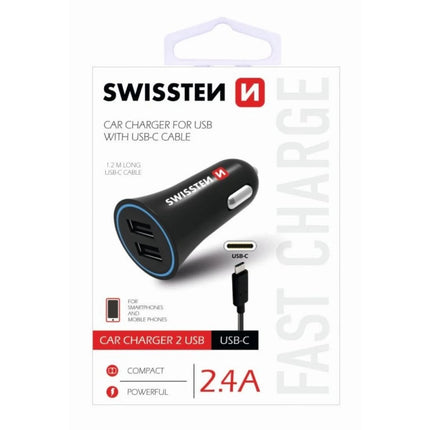 Swissten Φορτιστής Αυτοκινήτου 2x USB 2.4A με Καλώδιο USB σε USB-C 1.2m 20110908