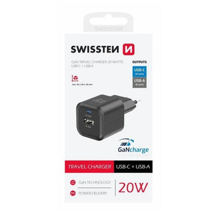 Swissten GaN Φορτιστής Τοίχου 20W με USB-C Power Delivery & USB-A Quick Charge 3.0 22071110 Μαύρο