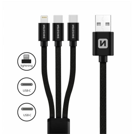 Swissten Textile 3σε1 Καλώδιο Φόρτισης με Lightning & 2x USB-C 1.2m 72501103 Μαύρο