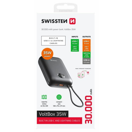 Swissten VoltBox Power Bank 35W 30000mAh με Ενσωματωμένα Καλώδια USB-C & Lightning 22013938