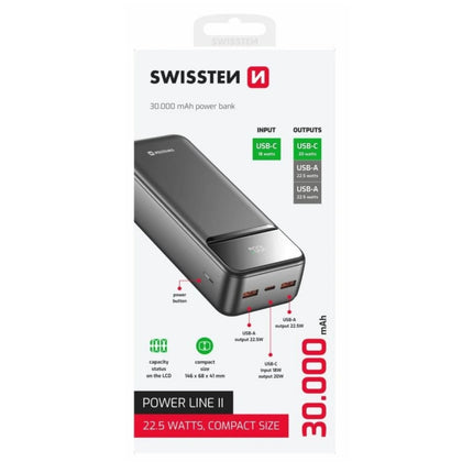 Swissten POWER LINE II Power Bank 30000mAh με LCD Οθόνη & 22.5W Fast Charge 22013948 Μαύρο
