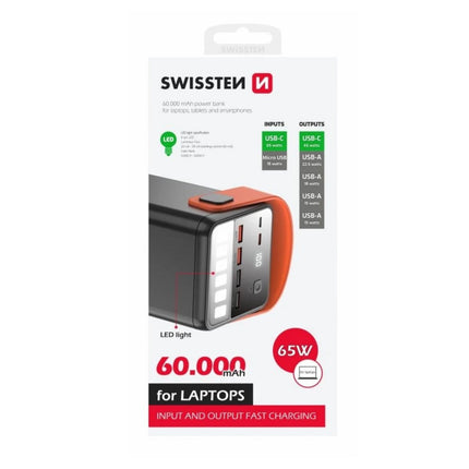Swissten POWER LINE Power Bank 60.000mAh 65W με Power Delivery & LED Φακό 22013943 Μαύρο
