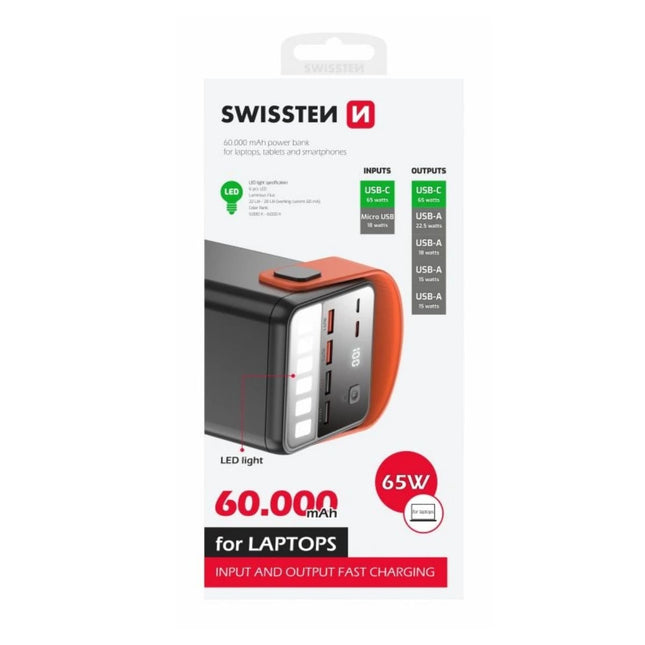 Swissten POWER LINE Power Bank 60.000mAh 65W με Power Delivery & LED Φακό 22013943 Μαύρο