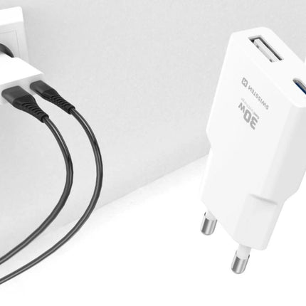 Swissten Slim GaN Ταξιδιωτικός Φορτιστής 30W με USB-C Power Delivery & USB-A Quick Charge 22070201 Άσπρο