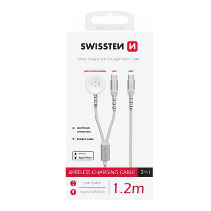 Swissten 2-σε-1 Ασύρματο Καλώδιο Φόρτισης Apple Watch & USB-C 1.2m με Πλεκτή Επένδυση 22065504 Άσπρο