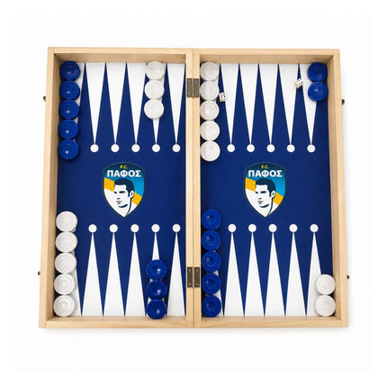 Ξύλινο Τάβλι Πάφος F.C 47cm με Ζάρια και Πούλια Μπλε/ Άσπρο