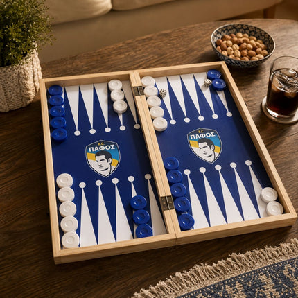 Ξύλινο Τάβλι Πάφος F.C 47cm με Ζάρια και Πούλια Μπλε/ Άσπρο