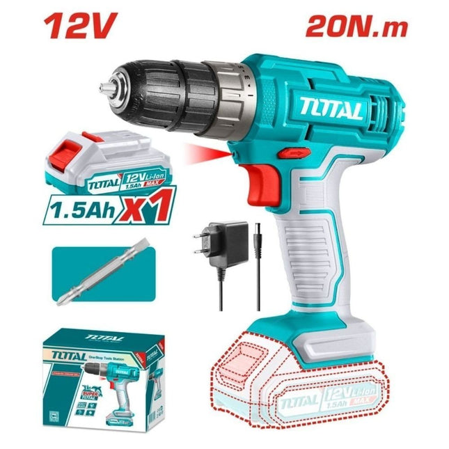 TOTAL Σετ Δραπανοκατσάβιδο Μπαταρίας 12V  με Μπαταρία 1.5Ah, Φορτιστή και Μύτη Cr-V 65mm
