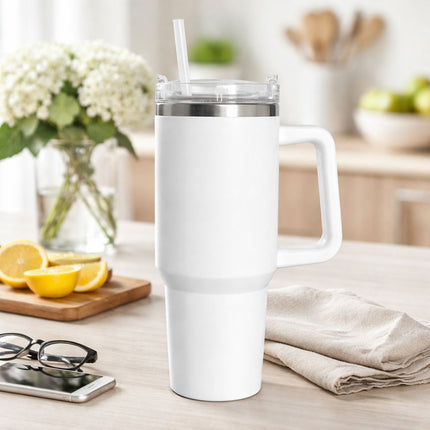 Θερμός Ποτήρι Ταξιδιού 1200ml με Χερούλι & Καλαμάκι Άσπρο