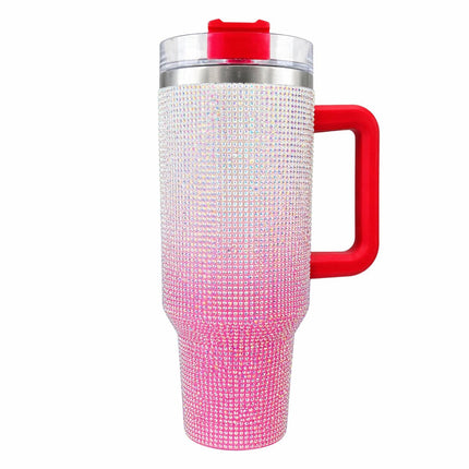 Θερμός Ποτήρι Ταξιδιού 1200ml με Χερούλι & Καλαμάκι Κόκκινο Ιριδίζον Στρας