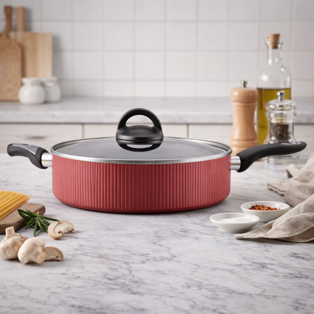 CROWN Αντικολλητικό Τηγάνι Σωτέζα 24cm με Γυάλινο Πώμα Διπλές Λαβές Κόκκινο