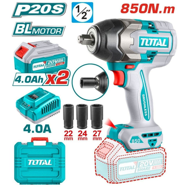 TOTAL Σετ Επαγγελματικό Μπουλονόκλειδο 850Nm Μπαταρίας 20V Brushless με 2 Μπαταρίες 4Ah & Υποδοχή 1/2″ (TOT-TIWLI2085)