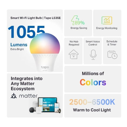 TAPO L535E  TP-Link Έξυπνη Λάμπα WiFi Multicolor LED, 1055 Lumens, Matter-Certified, Έλεγχος μέσω Φωνής & Εφαρμογής, Χωρίς Hub