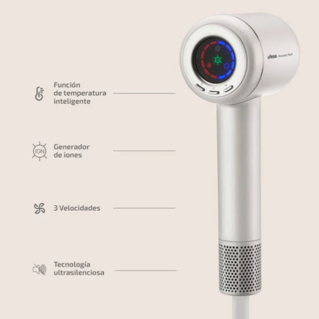 Ufesa Pro Ionic Tech Πιστολάκι Μαλλιών 1600W με 3 Ταχύτητες Λειτουργίας. Digital Μοτέρ και Ionic Τεχνολογία Λευκό