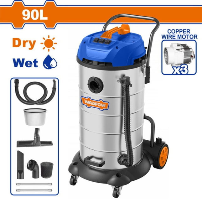 WADFOW Επαγγελματική Σκούπα Υγρών & Στερεών 90L 3x1200W με Ανοξείδωτο Κάδο WVR5A90