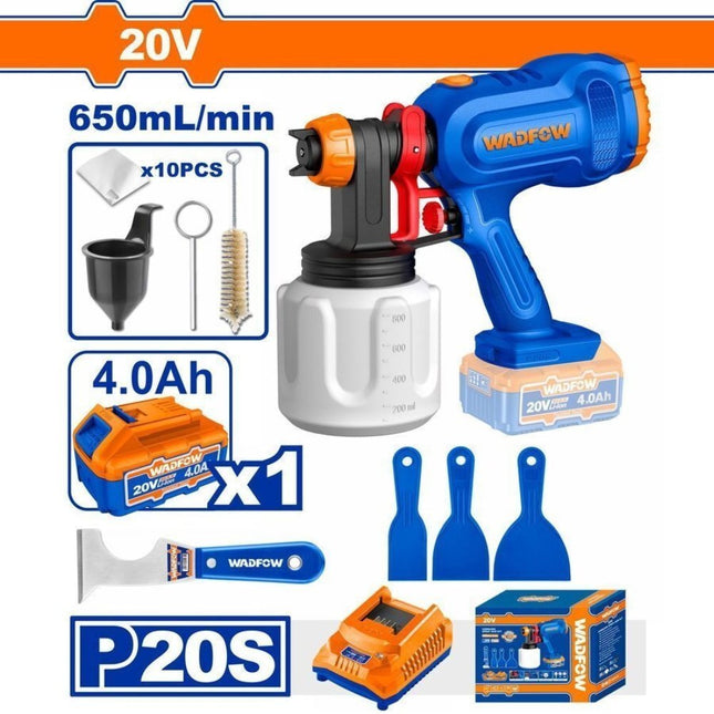 WADFOW Σετ Ηλεκτρικό Πιστόλι Βαφής 20V με Δοχείο 0.8lt, Μπαταρία 4Ah, Φορτιστή και Σετ Σπάτουλες