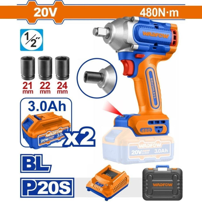 WADFOW Σετ Μπουλονόκλειδο Μπαταρίας 20V 3.0Ah 480Nm Ροπή & Brushless Motor με 2 Μπαταρίες και Βαλίτσα