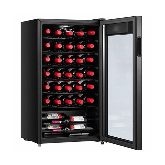 Midea Συντηρητής Κρασιών 34 Φιαλών με UV Glass Door, Ηλεκτρονικό Έλεγχο & LED Φωτισμό, MDRW150FGG22 Μαύρο