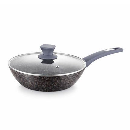 ELECTRA WOK Κεραμικό 28 cm με Γυάλινο Καπάκι & Αντικολλητική Επίστρωση, Σκούρο Γρανιτέ Φινίρισμα