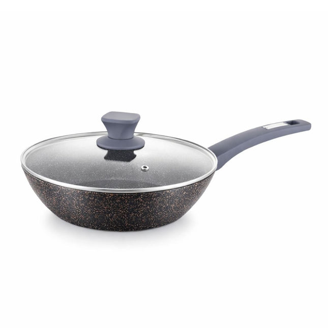 ELECTRA WOK Κεραμικό 28 cm με Γυάλινο Καπάκι & Αντικολλητική Επίστρωση, Σκούρο Γρανιτέ Φινίρισμα